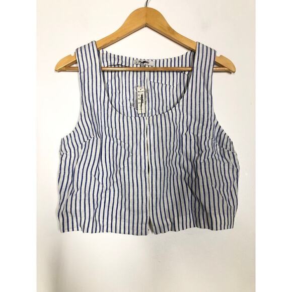 Madewell Scoopneck Top Crop Tank 100% Linen Bluestone Blue White Striped NWT 10 - Picture 6 of 12